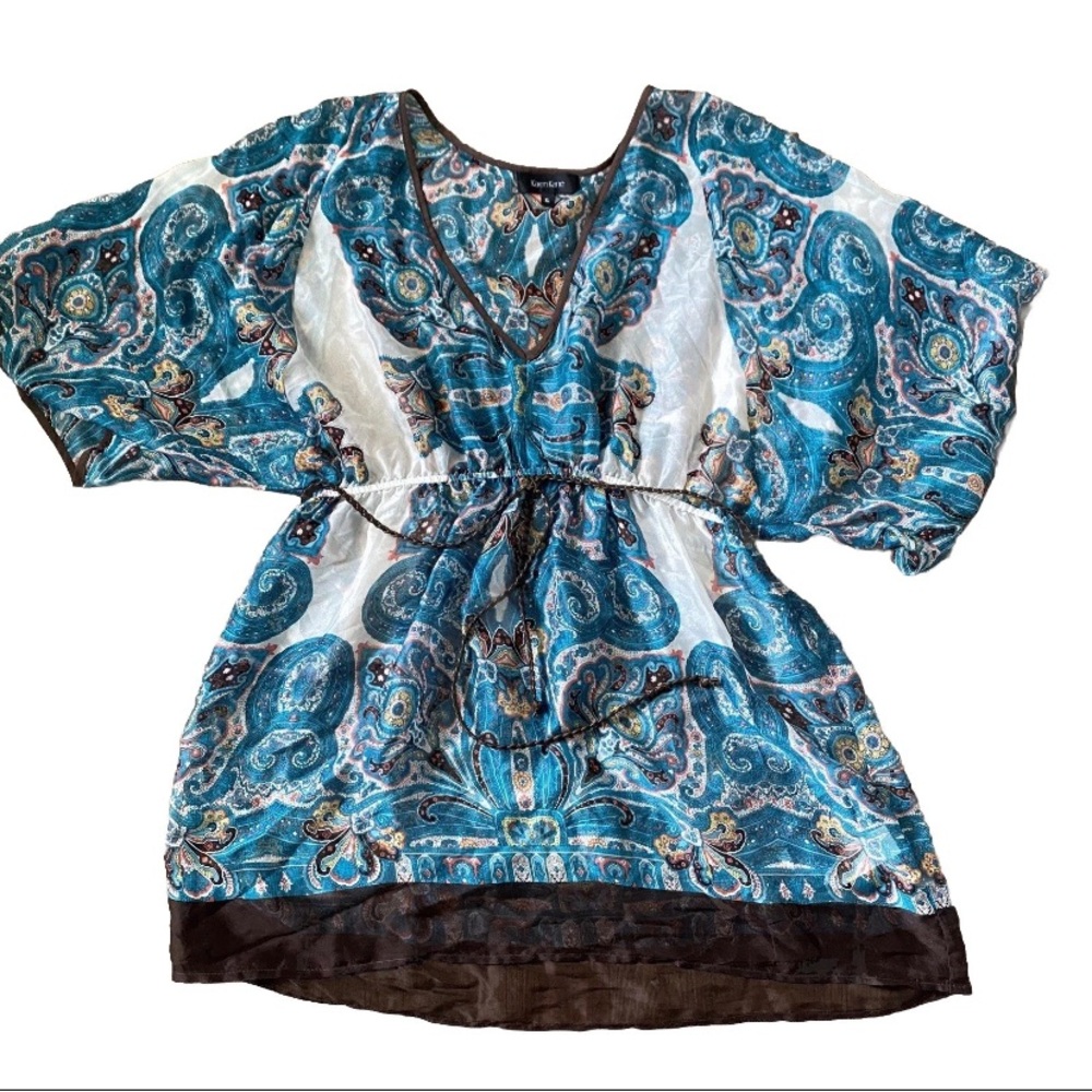 Karen Kane Paisley Silk Tunic Blue Brown XL Faux Leather Belt Made In USA